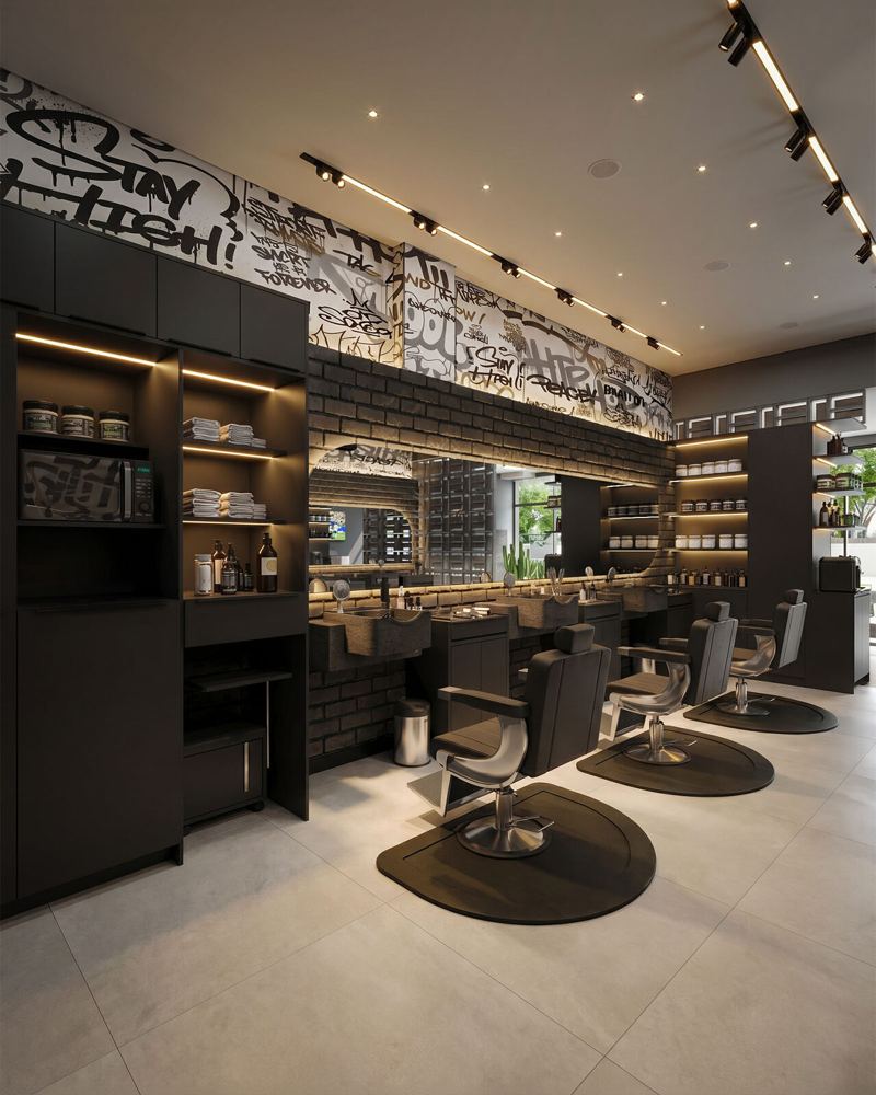 GOC Barbearia: atendimento com faixa de grafite e nichos iluminados