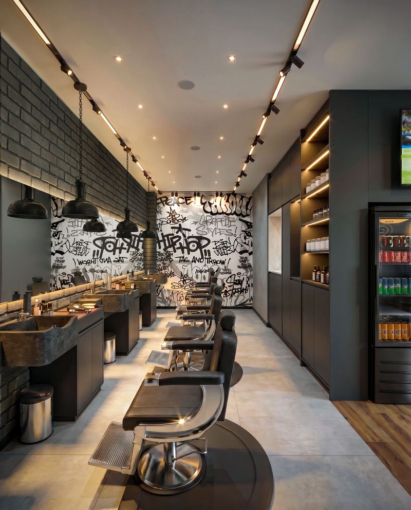 GOC Barbearia: área de atendimento com mural de grafite