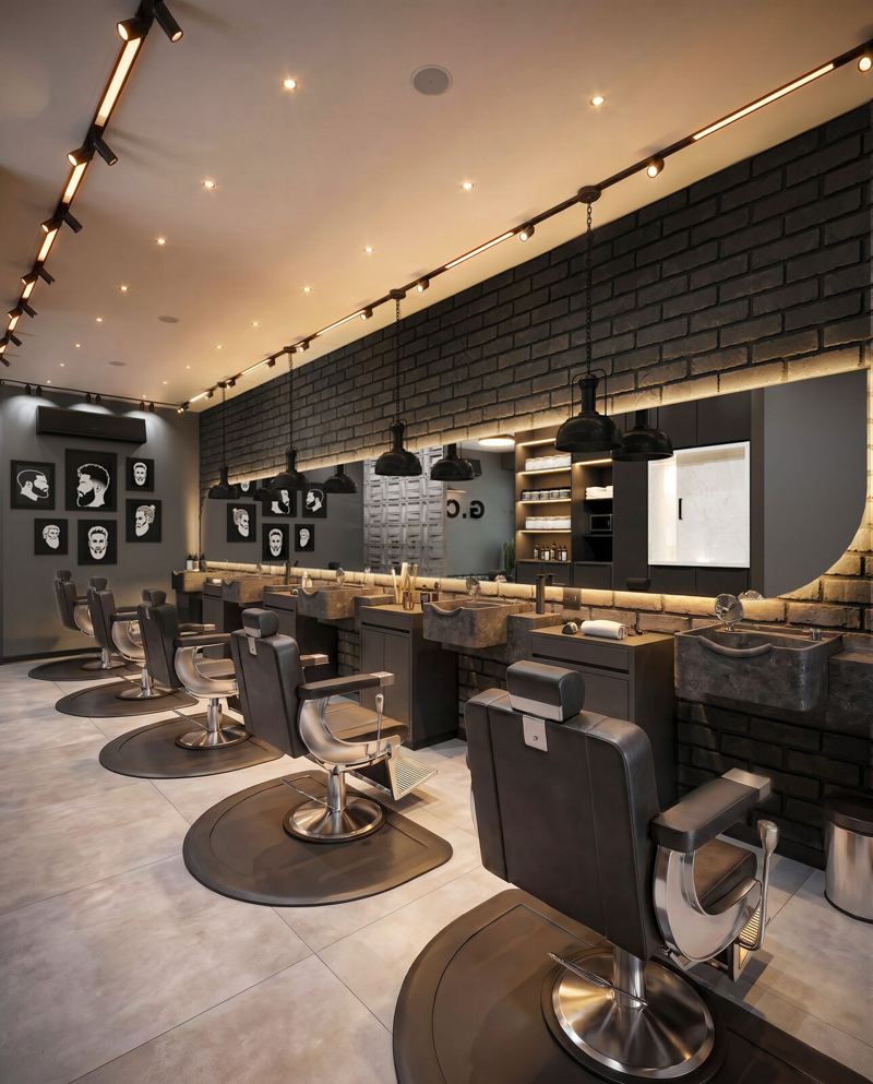 GOC Barbearia: bancadas de atendimento com cubas de pedra e espelho iluminado
