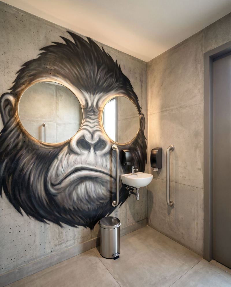 GOC Barbearia: sanitário com grafite do gorila e espelhos redondos