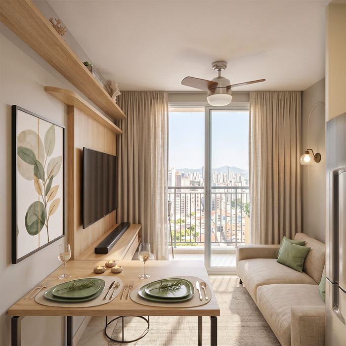 Sala com vista do projeto Holland, apartamento na Barra Funda