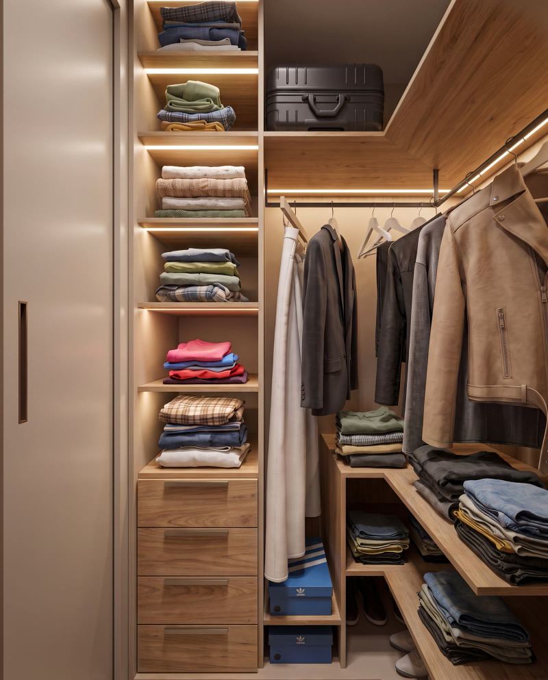 Apê Terranoá: closet em L com prateleiras iluminadas e gaveteiro