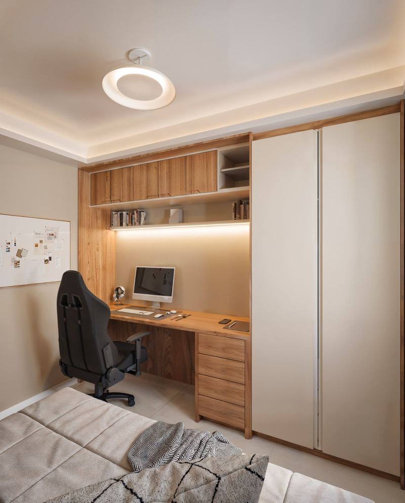 Apê Terranoá: quarto de hóspedes com bancada de apoio, armário até o teto e prateleira iluminada