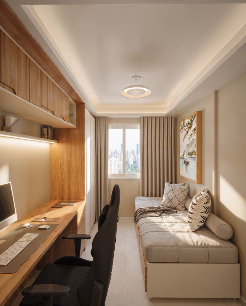 Apê Terranoá: quarto de hóspedes com sofá-cama e bancada contínua em madeira